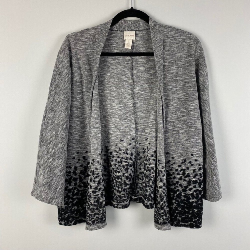 Chicos Sweater Cardigan Open Front Gray Black 3/4 Sleeves Size 3 / US XL